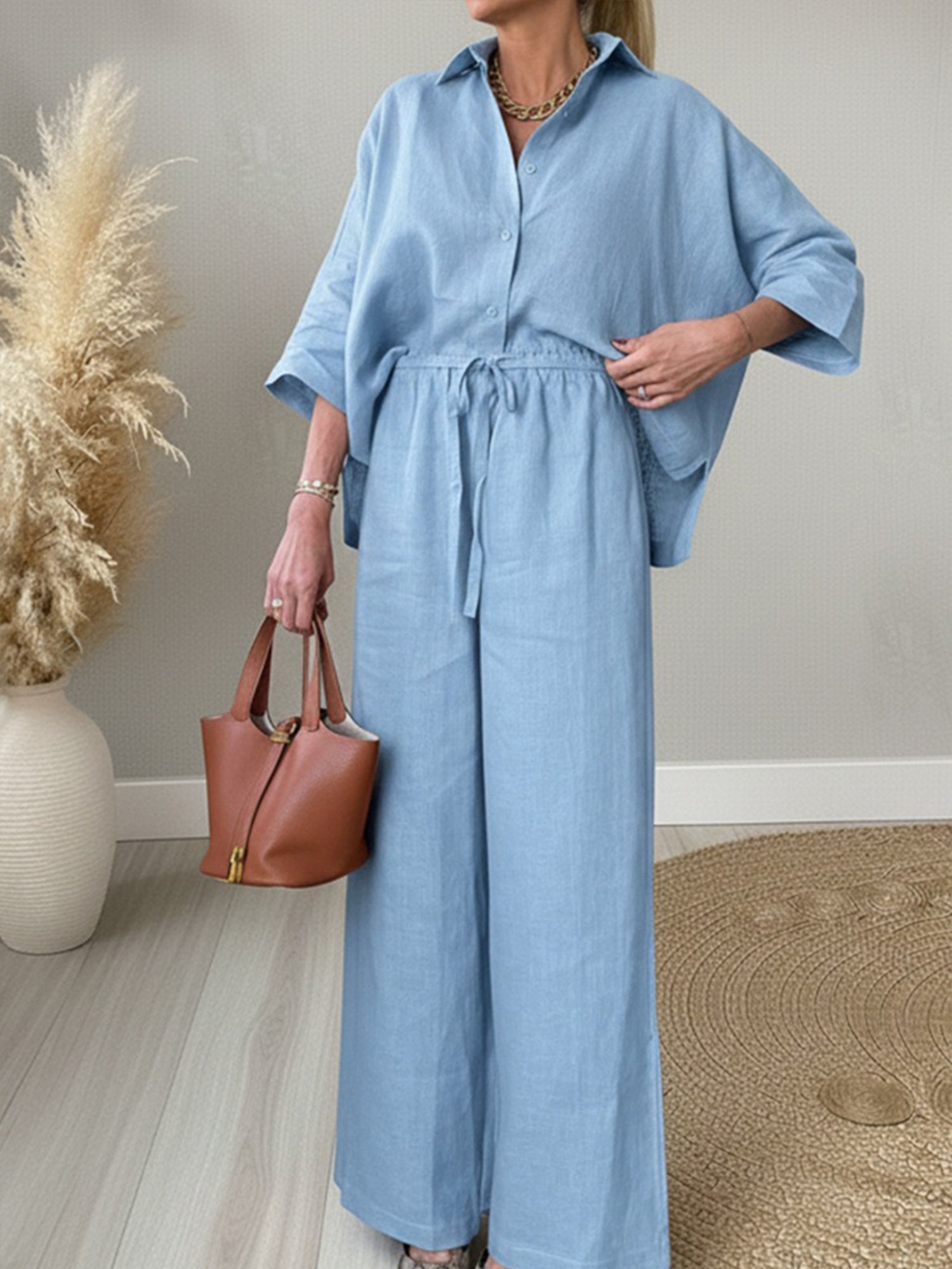 Casual Plain Shirt Collar Two-Piece Set