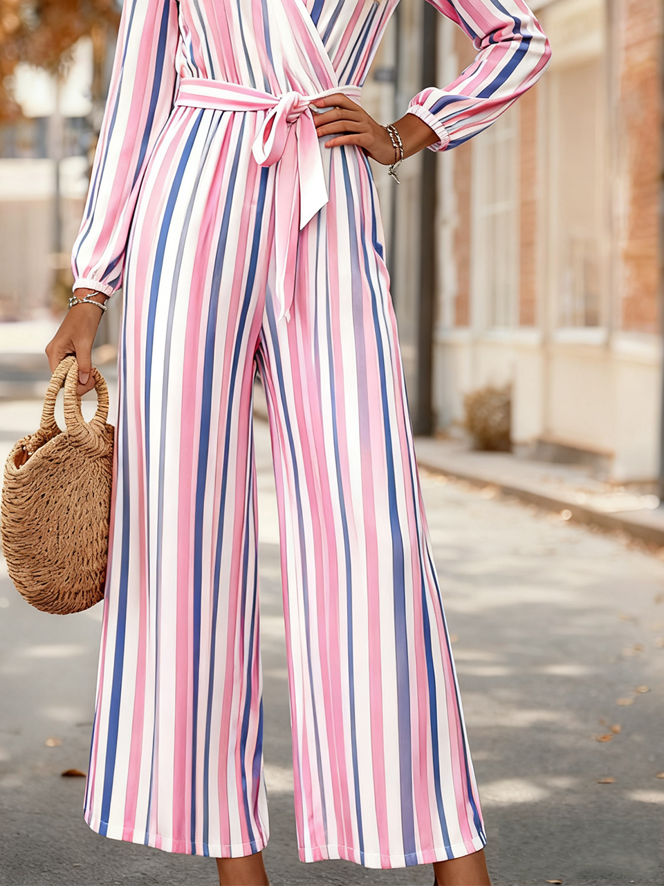 Striped Loose Elegant V Neck Jumpsuit