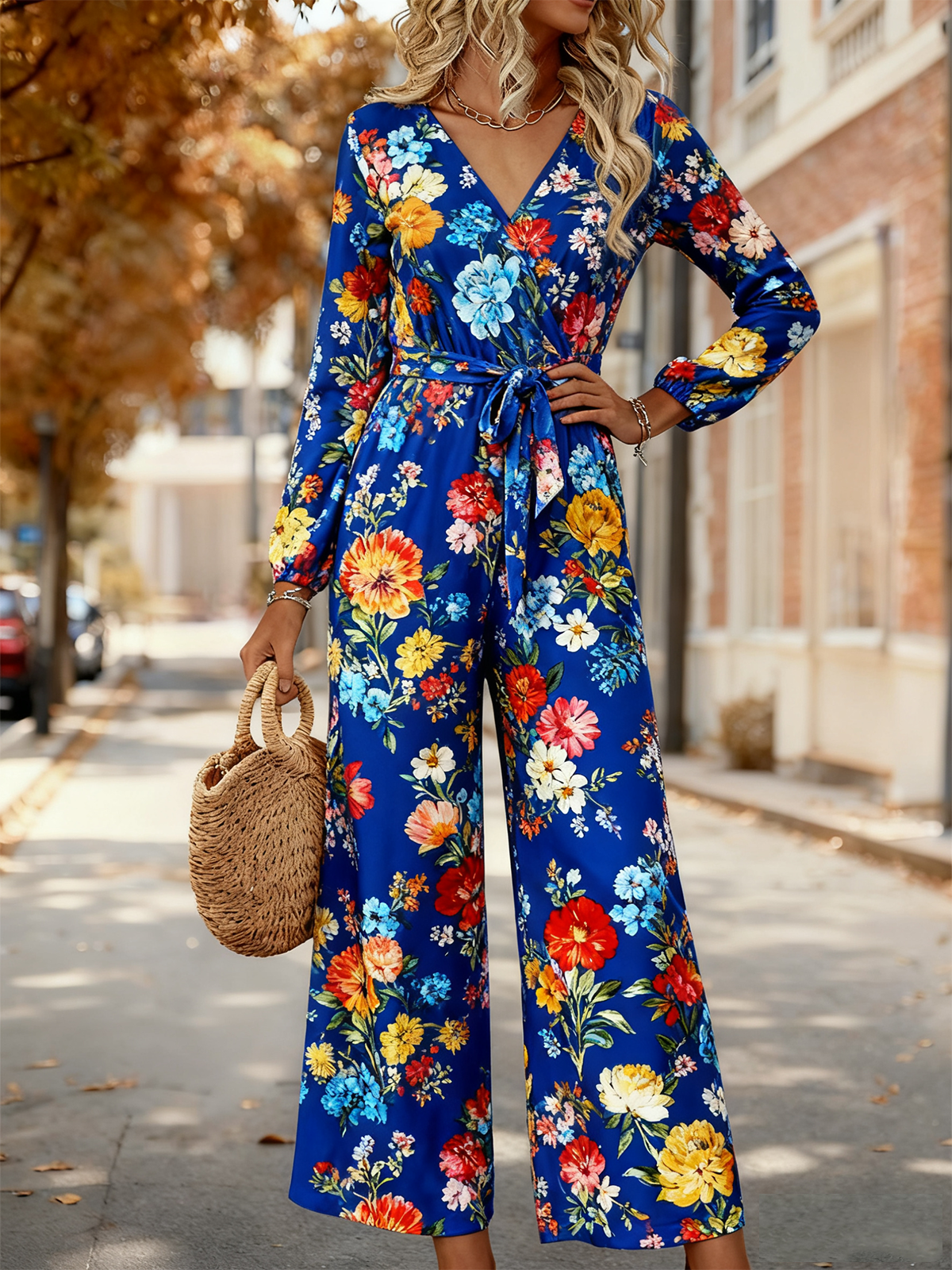 Loose Elegant V Neck Gradient Pattern Jumpsuit