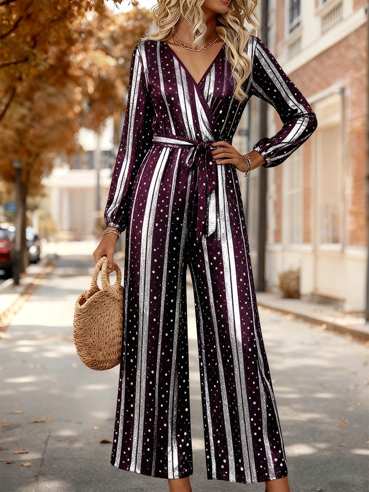 Polka Dots V Neck Loose Elegant Jumpsuit