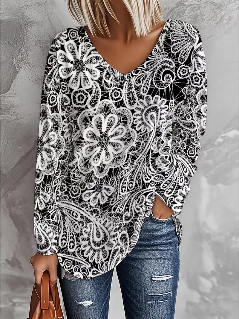 Women's Long Sleeve T-shirt Spring/Fall Black Floral Printing Jersey V Neck Daily Going Out Casual Top