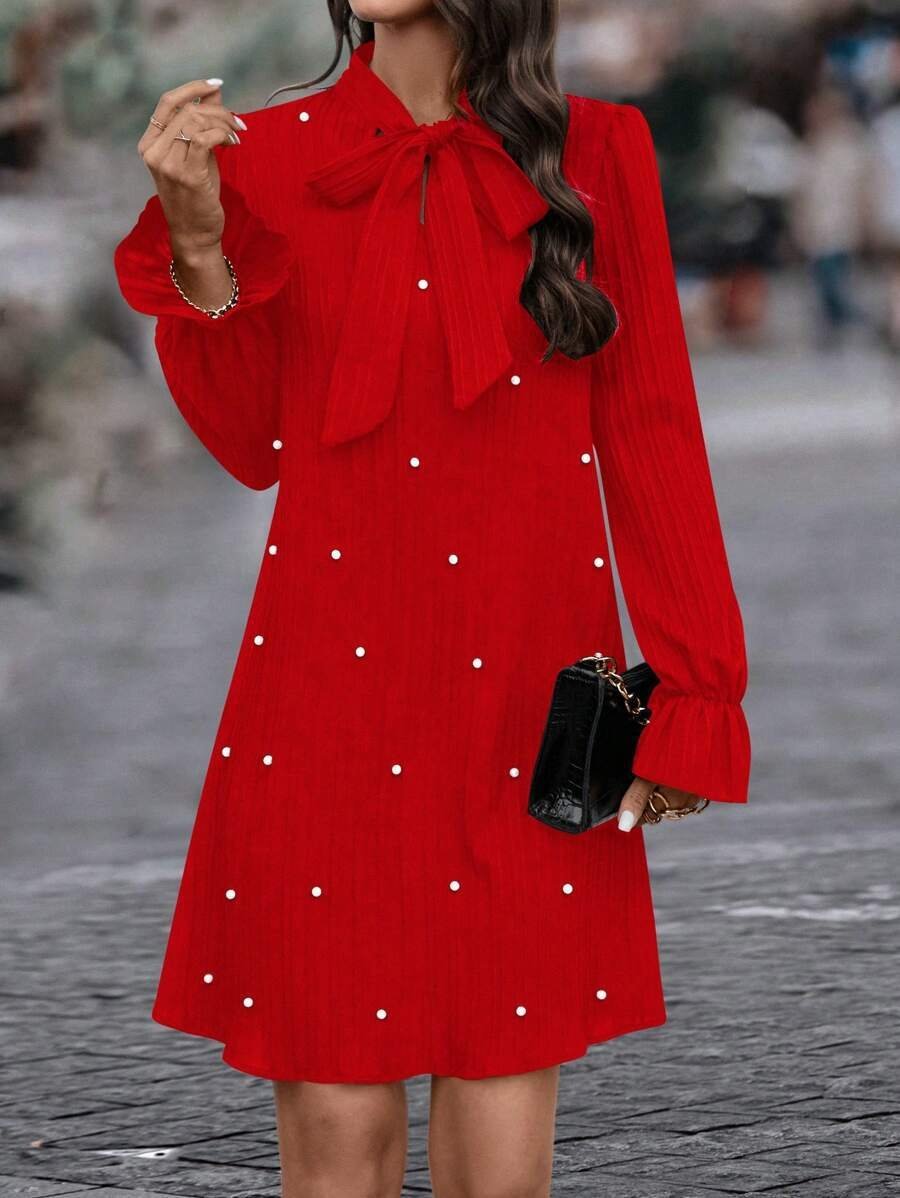 Women's Long Sleeve Spring/Fall Red Plain Split Joint Lotus Leaf Collar Commuting Going Out Casual Mini A-Line Fit & Flare Dress Dress