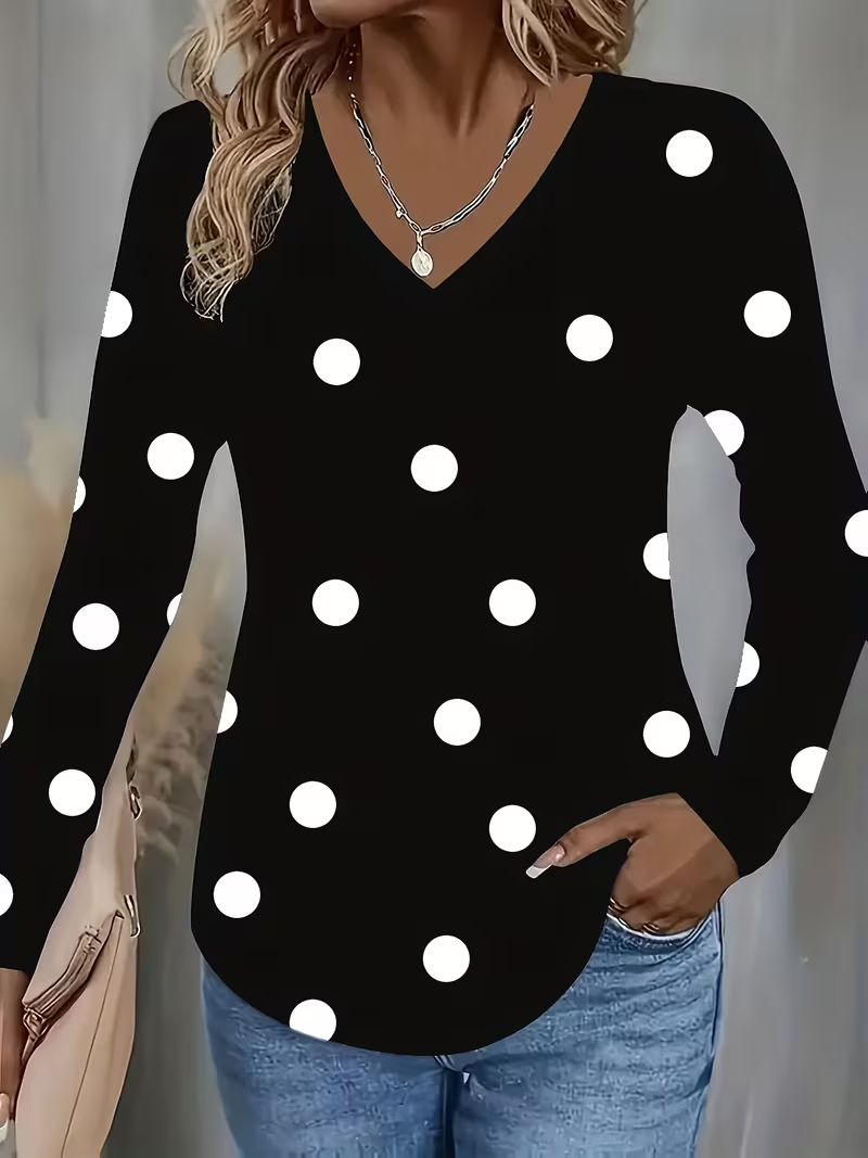 Women's Long Sleeve T-shirt Spring/Fall Black Polka Dots Printing Jersey V Neck Daily Going Out Casual Top