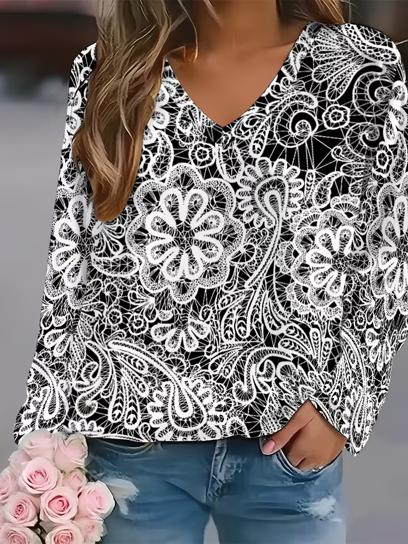 Women's Long Sleeve T-shirt Spring/Fall Black Floral Printing Jersey V Neck Daily Going Out Casual Top