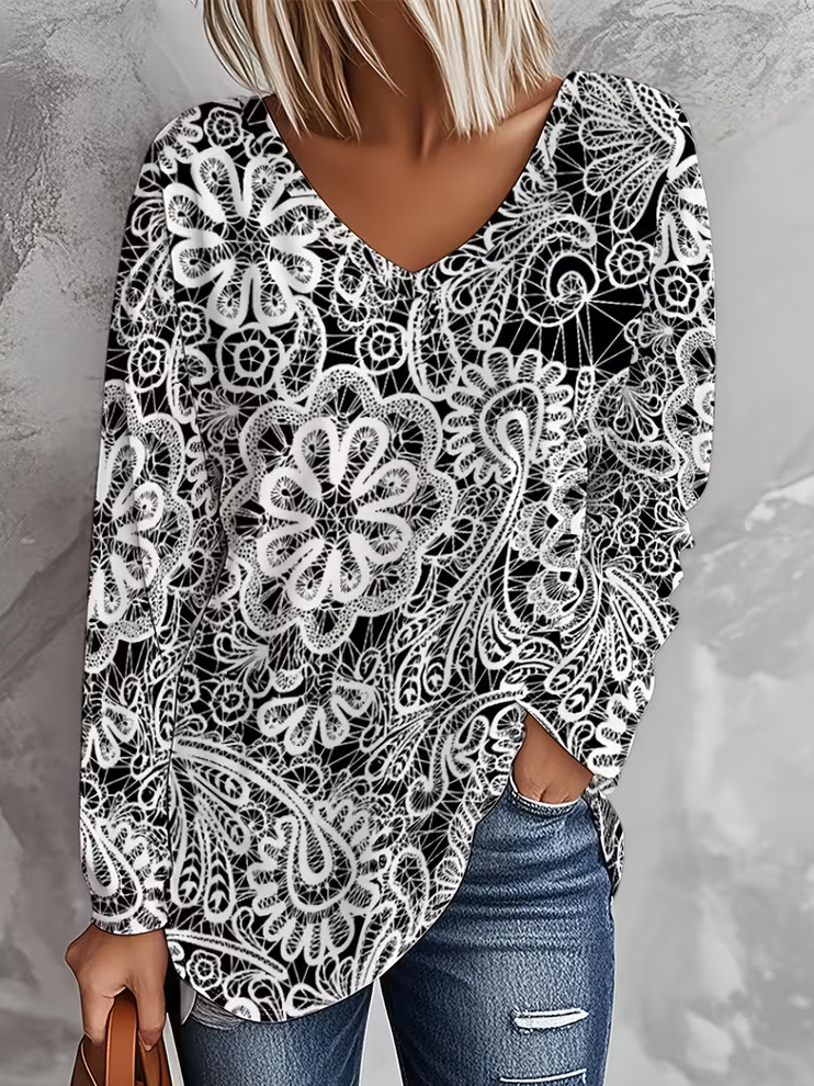 Women's Long Sleeve T-shirt Spring/Fall Black Floral Printing Jersey V Neck Daily Going Out Casual Top