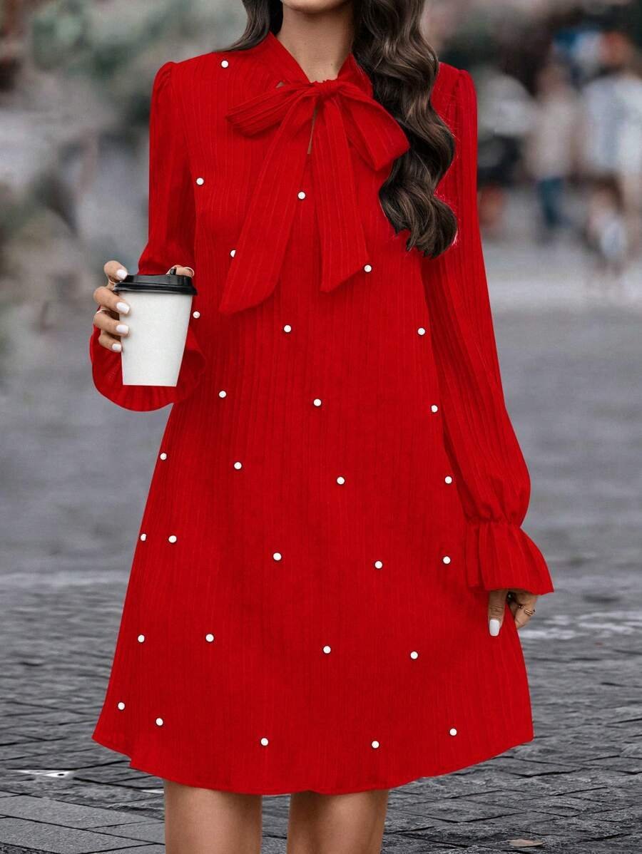 Women's Long Sleeve Spring/Fall Red Plain Split Joint Lotus Leaf Collar Commuting Going Out Casual Mini A-Line Fit & Flare Dress Dress