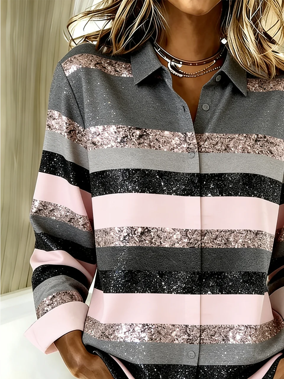 Striped Shirt Collar Loose Simple Shirt