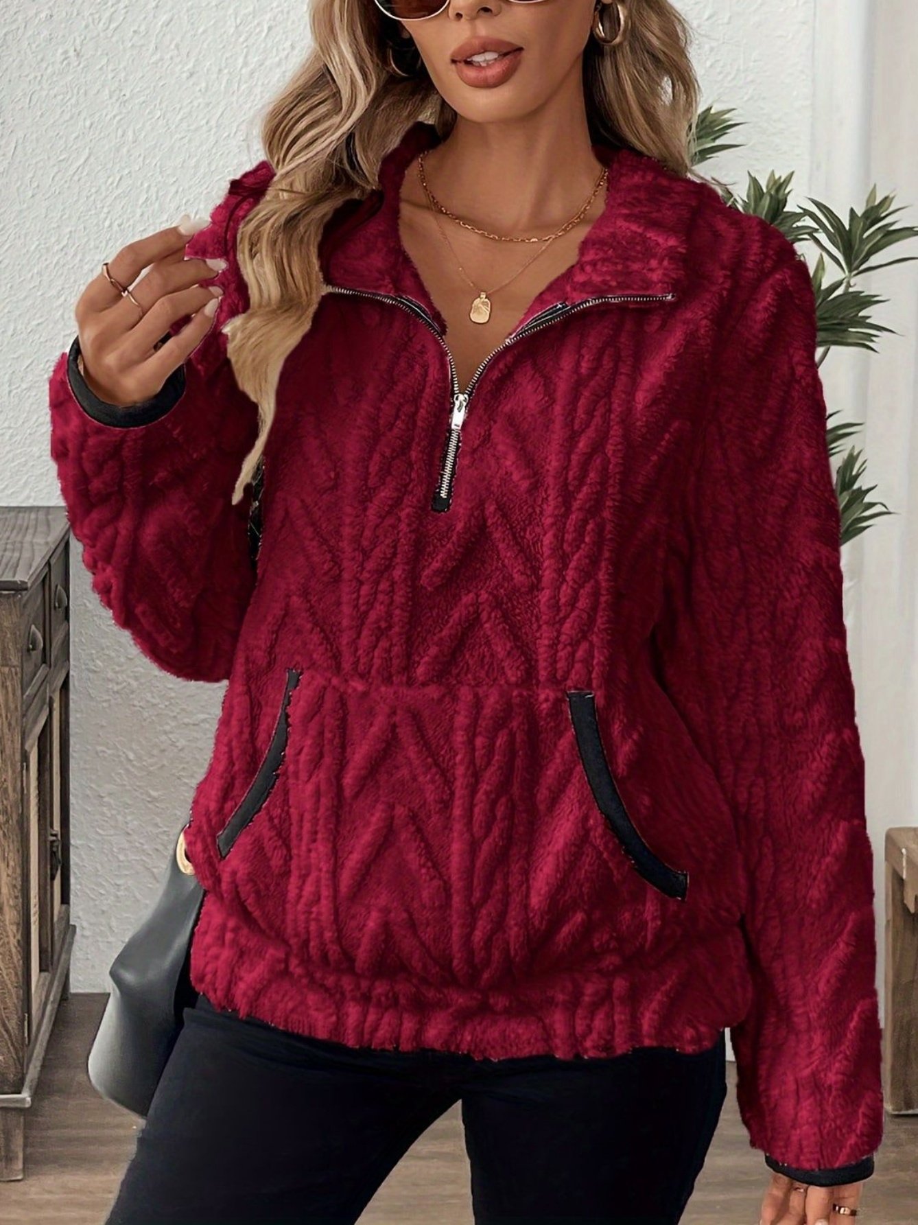 Plain Lady Romance Loose Stand Collar Sweatshirt