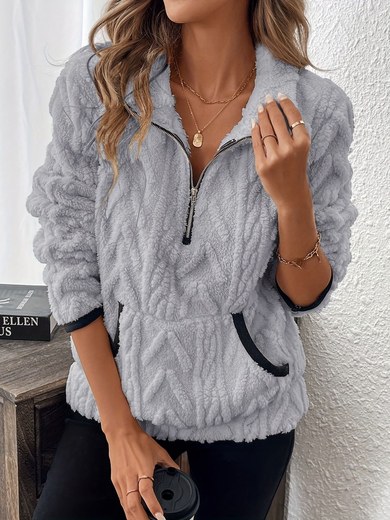 Plain Lady Romance Loose Stand Collar Sweatshirt