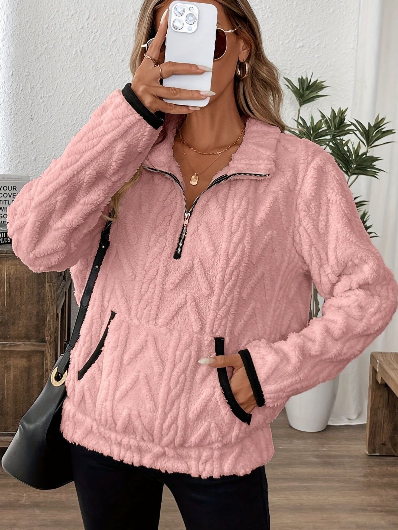 Plain Lady Romance Loose Stand Collar Sweatshirt