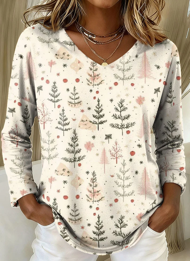 Women's Long Sleeve T-shirt Spring/Fall Apricot Christmas Printing Jersey V Neck Daily Going Out Casual Top