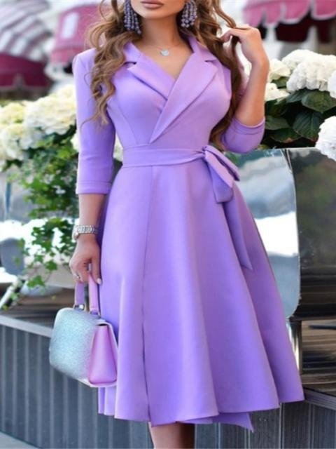 Women's Three Quarter Sleeve Spring/Fall Blue Plain Split Joint Shawl Collar Daily Going Out Casual Maxi A-Line Fit & Flare Dress Dress