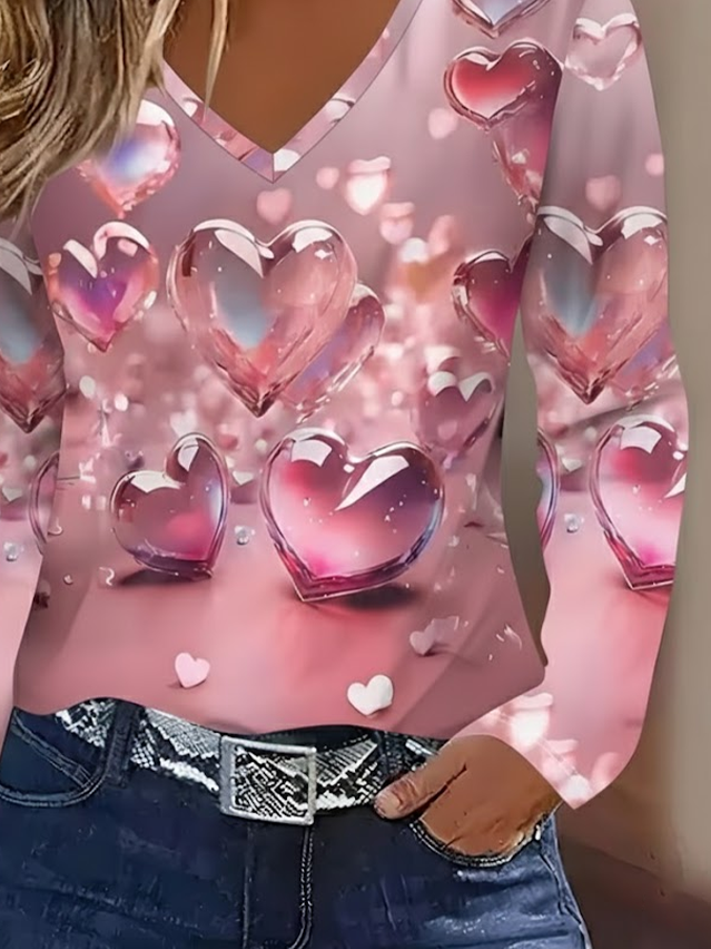 Women's Long Sleeve T-shirt Spring/Fall Pink Heart/Cordate Printing Jersey V Neck Daily Going Out Casual Top