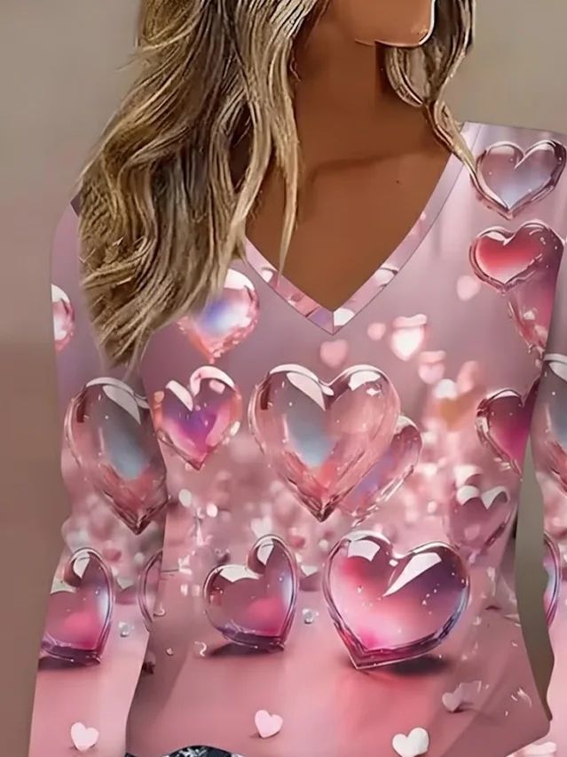 Women's Long Sleeve T-shirt Spring/Fall Pink Heart/Cordate Printing Jersey V Neck Daily Going Out Casual Top