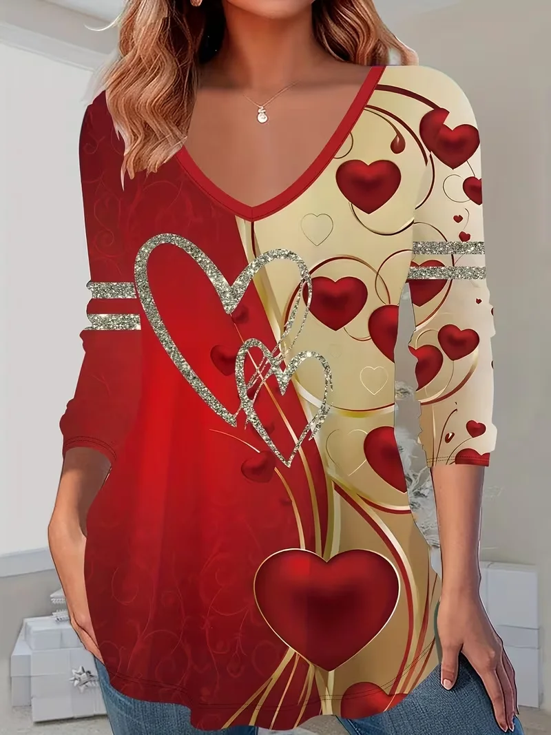 Women's Long Sleeve T-shirt Spring/Fall Red Heart/Cordate Printing Jersey V Neck Daily Going Out Casual Top