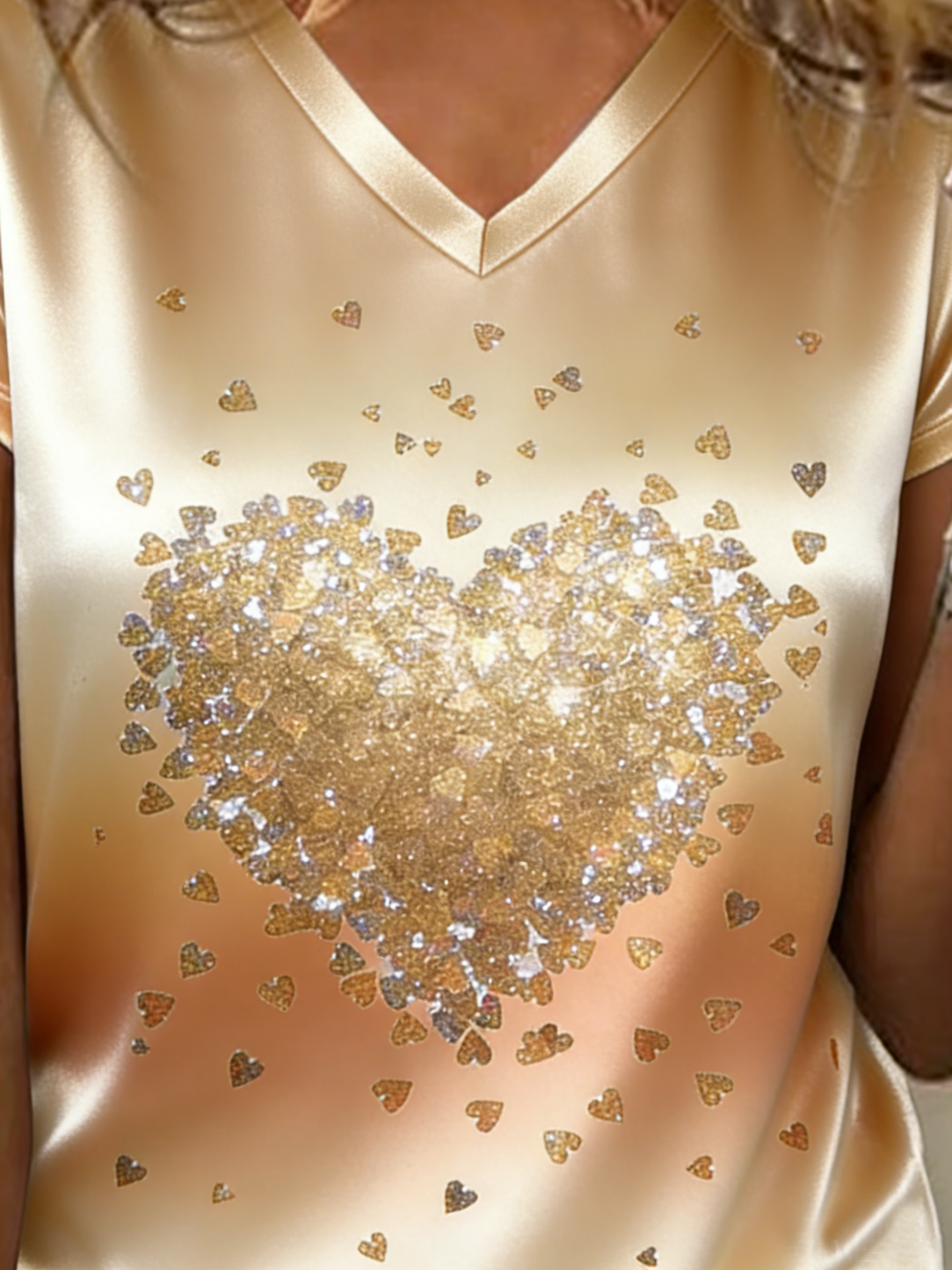 Champagne V Neck Heart Print Party/Going Out T-Shirt
