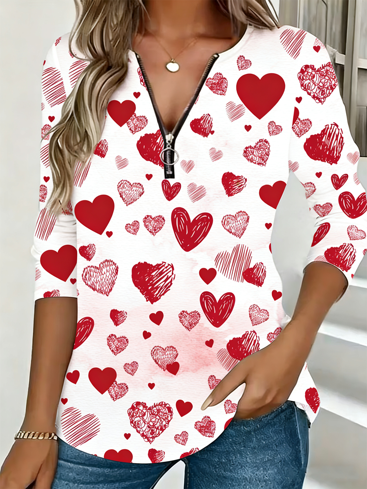Cotton-Blend Casual Heart/Cordate T-Shirt