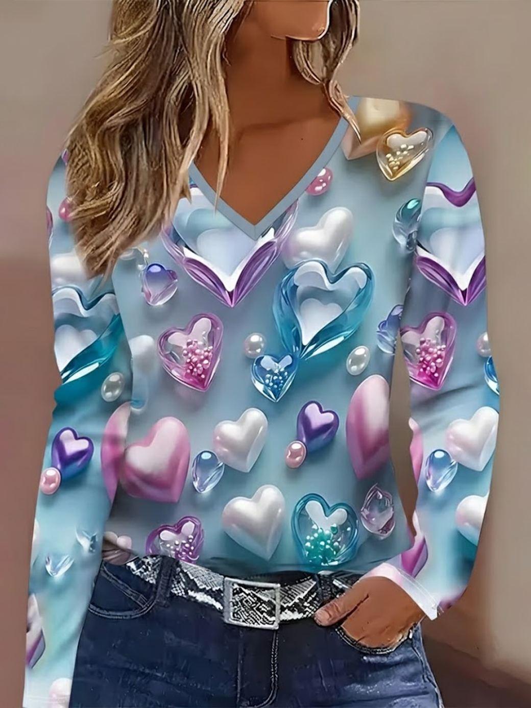Women's Long Sleeve T-shirt Spring/Fall Blue Heart/Cordate Printing Jersey V Neck Daily Going Out Casual Top