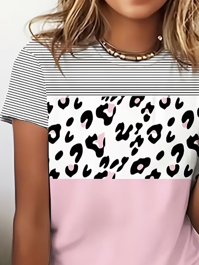 Women's Short Sleeve T-shirt Summer Pink Abstract Printing Jersey Crew Neck Daily Going Out Casual Top
