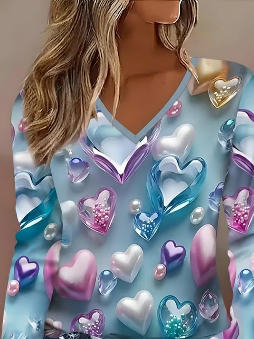 Women's Long Sleeve T-shirt Spring/Fall Blue Heart/Cordate Printing Jersey V Neck Daily Going Out Casual Top