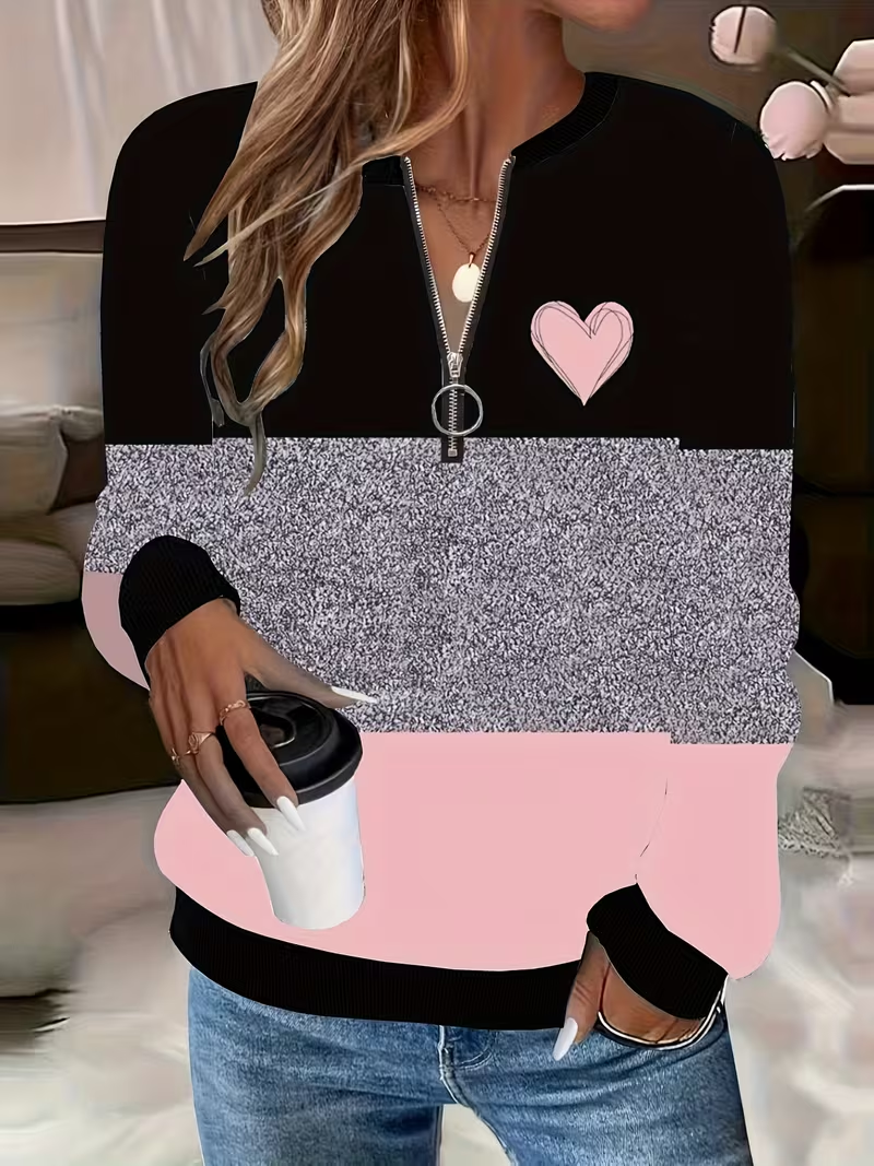 Women's Valentine's Day Heart Print Casual Zip-Up Long-Sleeve Sweatshirt