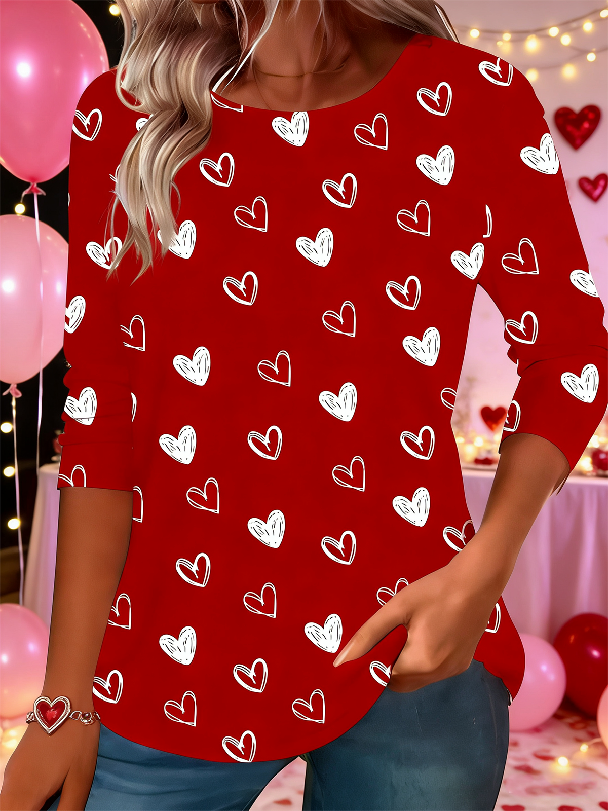 Cotton-Blend Valentine's Day Crew Neck Simple T-Shirt