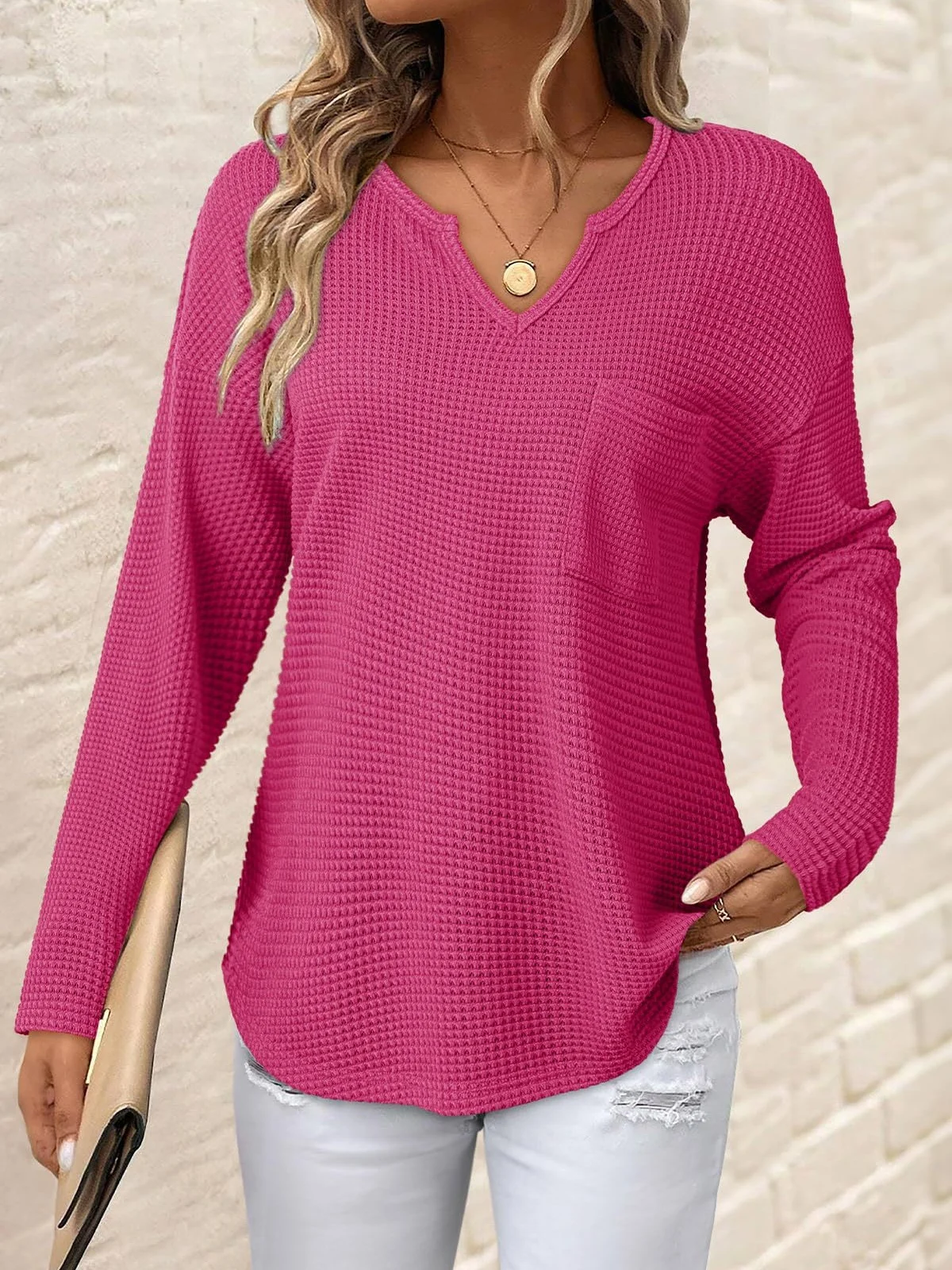 Women's Long Sleeve T-shirt Spring/Fall Deep Pink Plain Split Joint V Neck Daily Going Out Casual Top