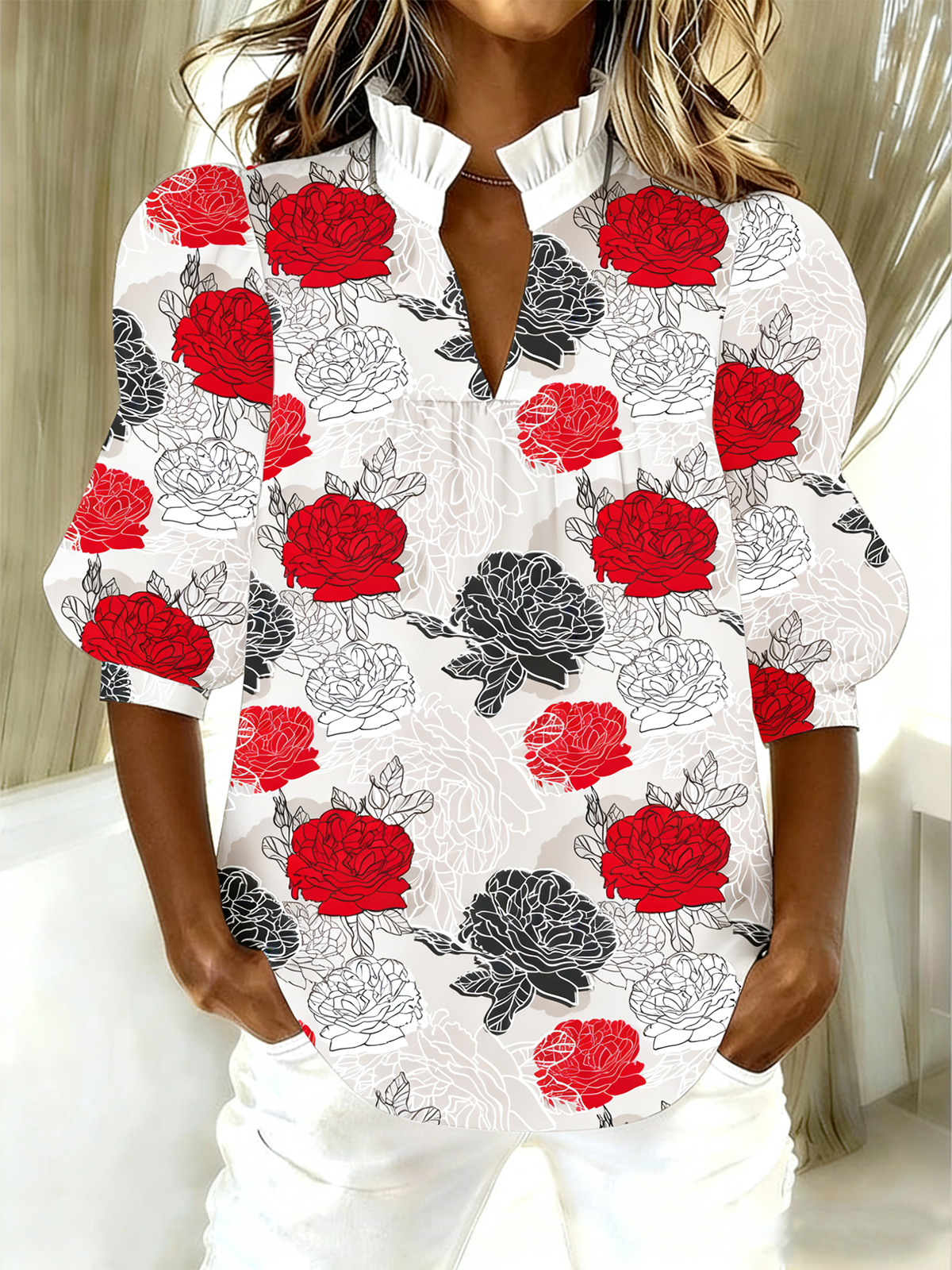 Puff Sleeve Valentine's Day Casual Shawl Collar Shirt