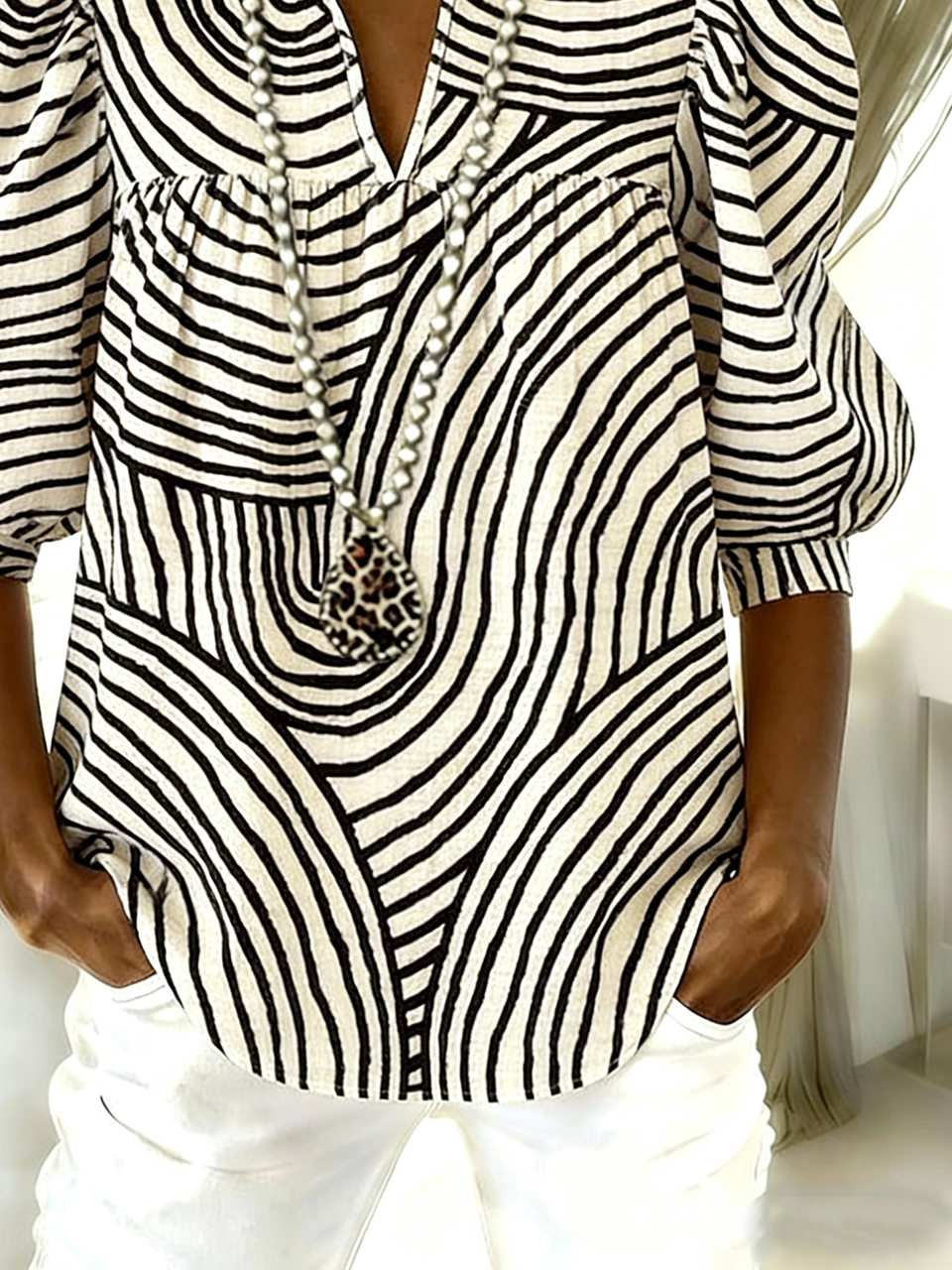 Puff Sleeve Elegant Striped Loose Shirt