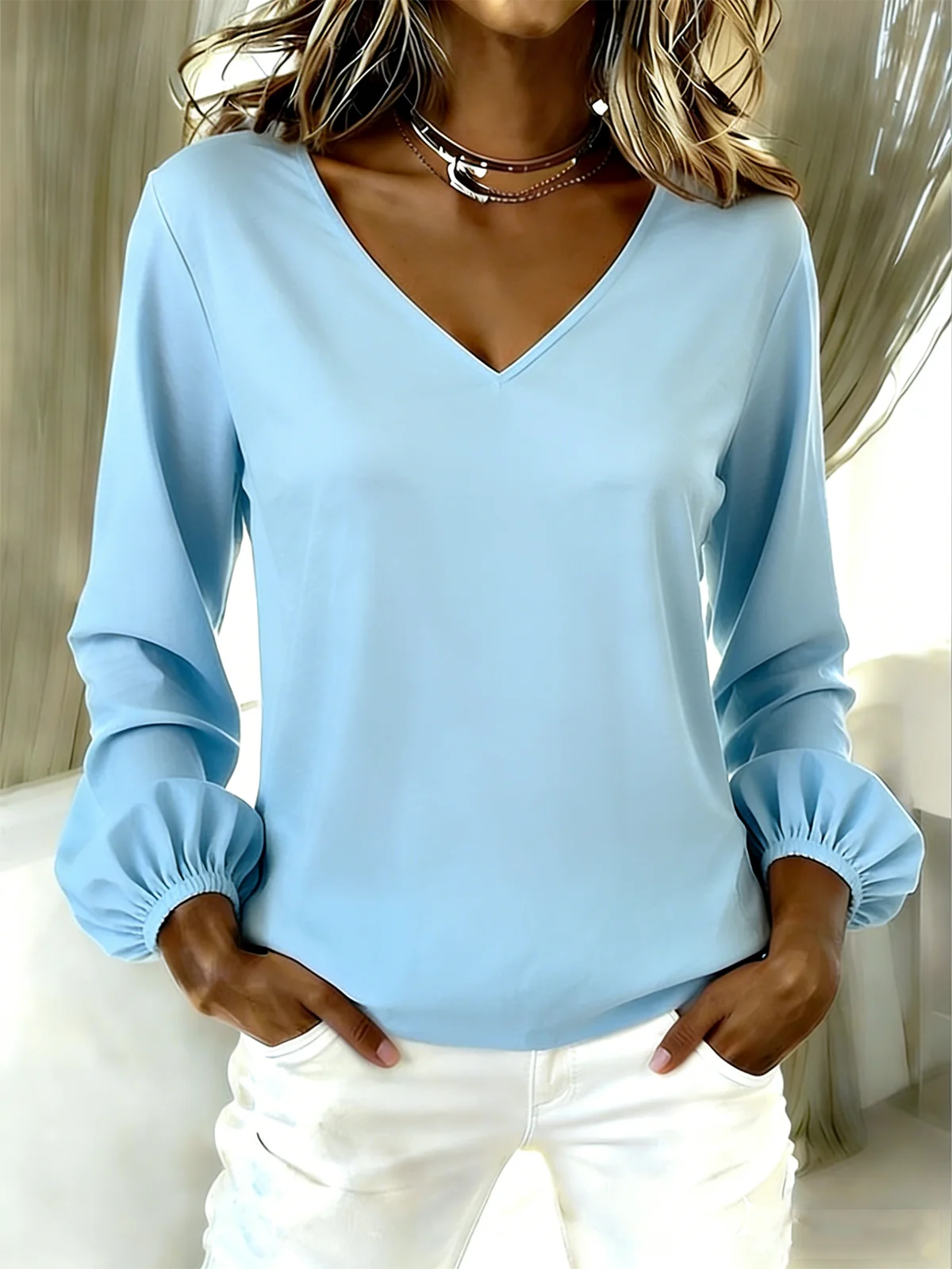 Cotton Casual V Neck Plain T-Shirt