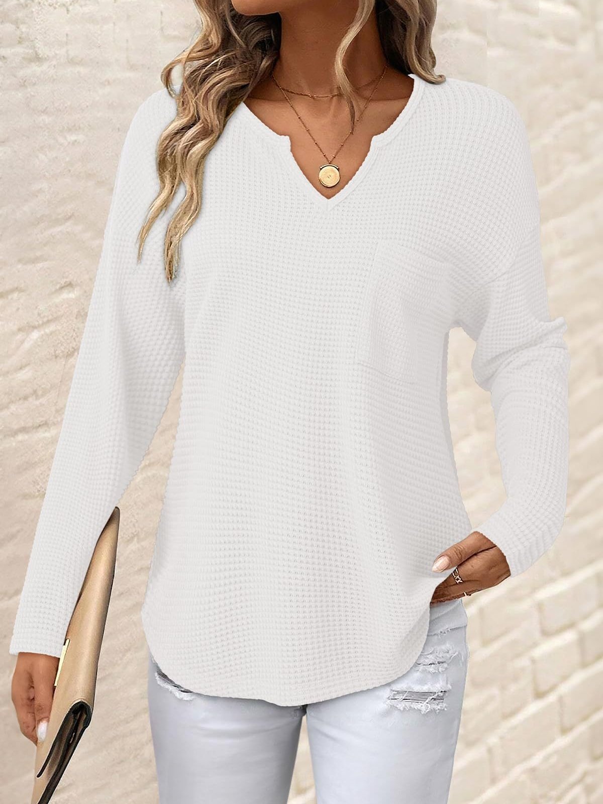 Women's Long Sleeve T-shirt Spring/Fall Deep Pink Plain Split Joint V Neck Daily Going Out Casual Top