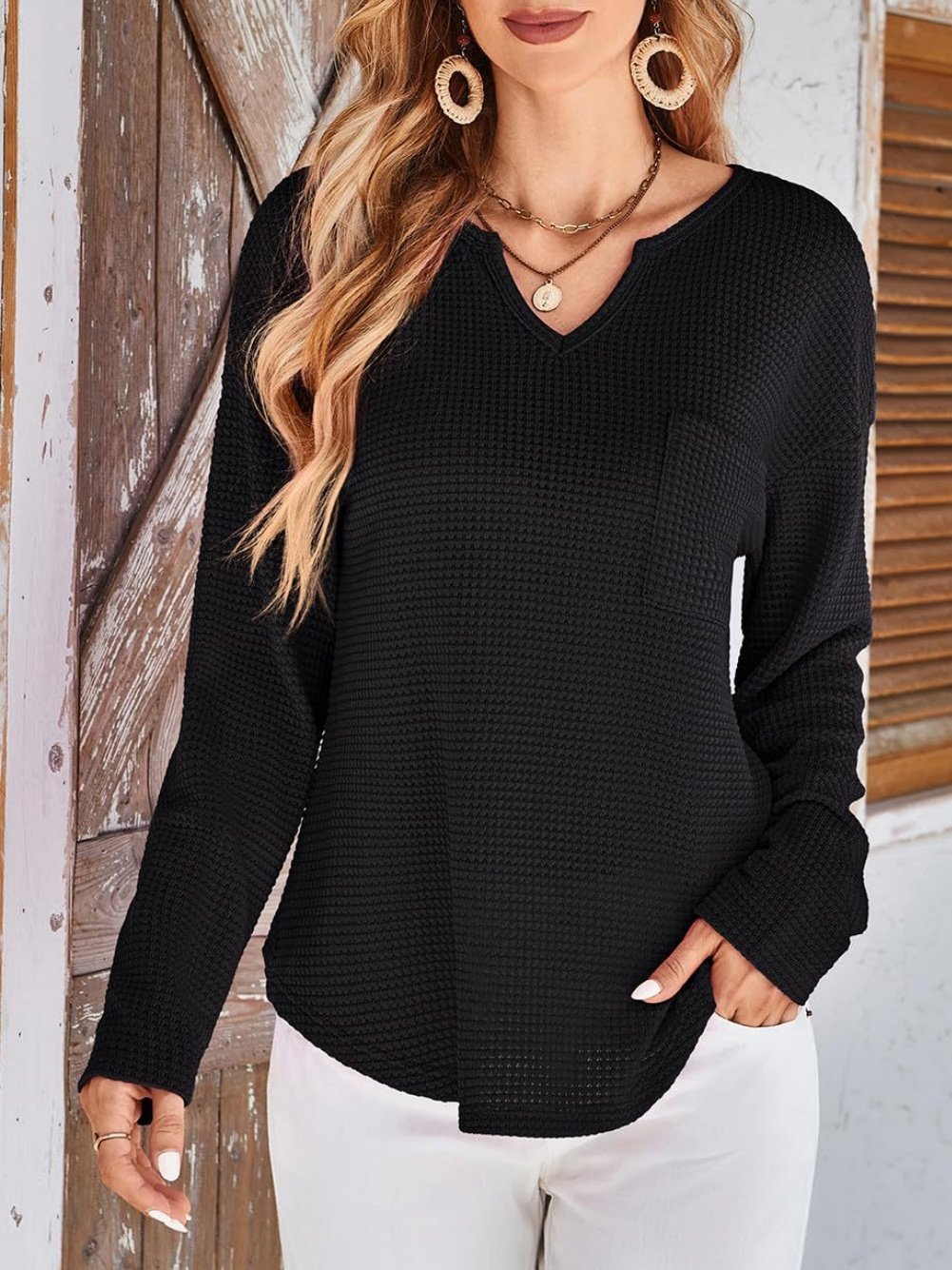 Women's Long Sleeve T-shirt Spring/Fall Deep Pink Plain Split Joint V Neck Daily Going Out Casual Top
