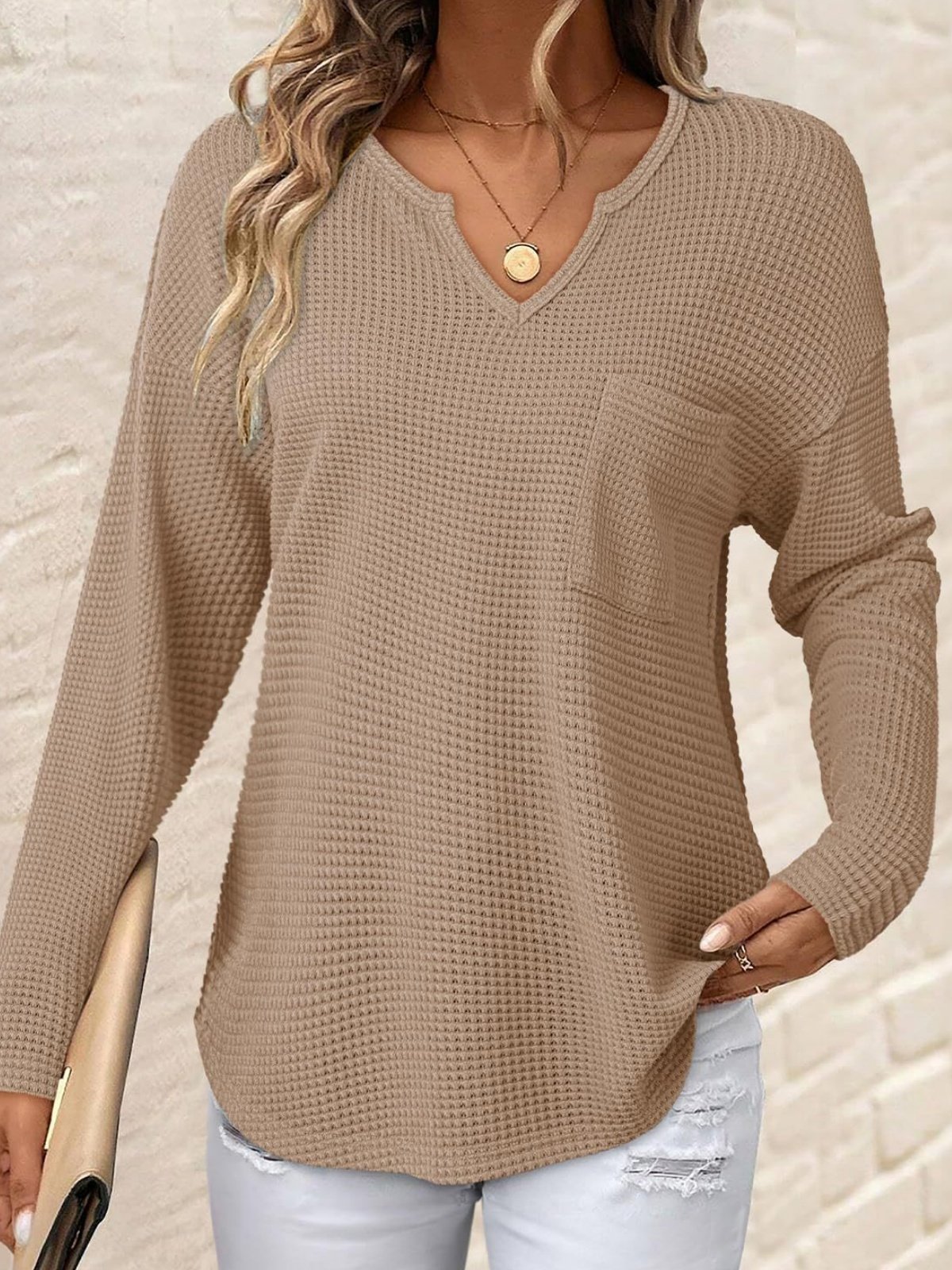 Women's Long Sleeve T-shirt Spring/Fall Deep Pink Plain Split Joint V Neck Daily Going Out Casual Top