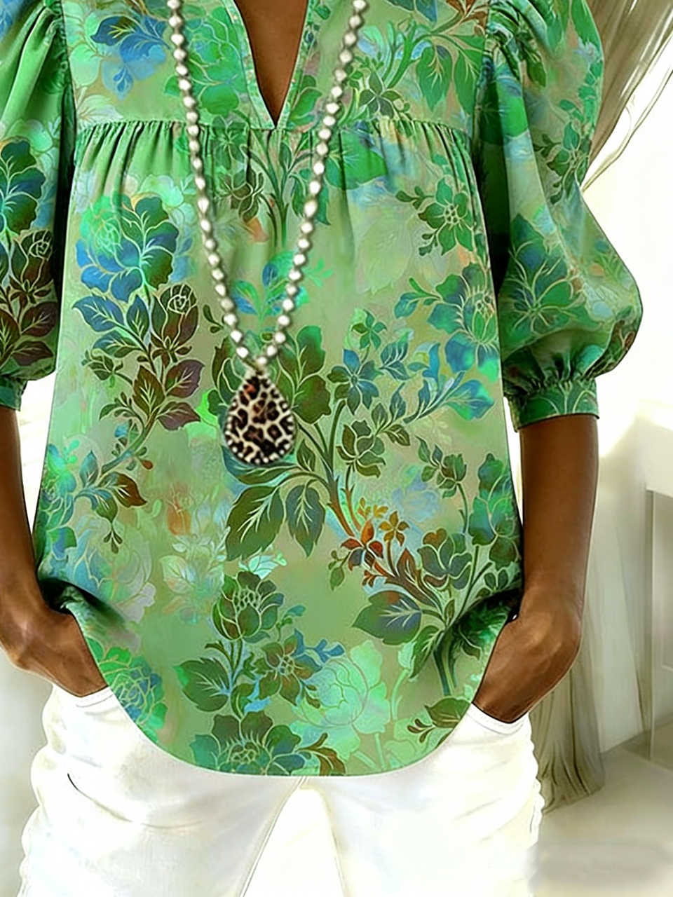 Floral Casual Loose Shawl Collar Puff Sleeve Shirt