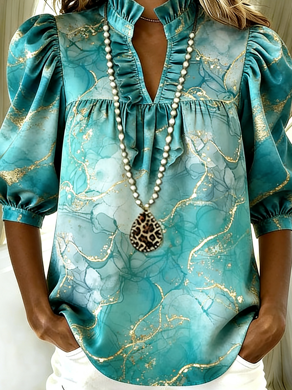 Loose Shawl Collar Puff Sleeve Casual Chevron Shirt