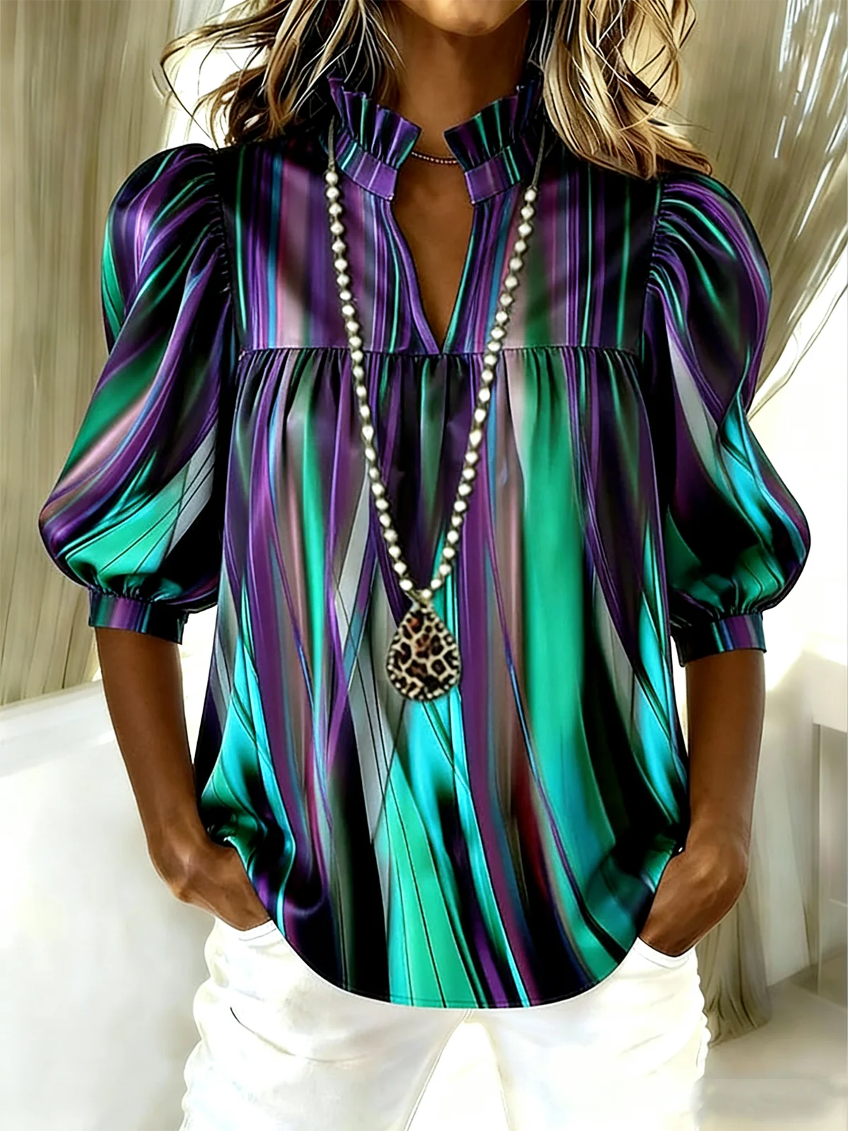 Elegant Gradient Pattern Loose Shawl Collar Puff Sleeve Shirt