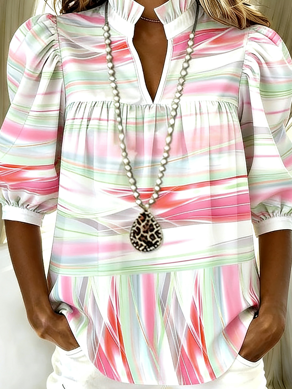 Elegant Gradient Pattern Loose Shawl Collar Puff Sleeve Shirt