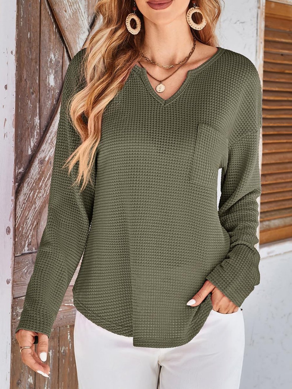 Women's Long Sleeve T-shirt Spring/Fall Deep Pink Plain Split Joint V Neck Daily Going Out Casual Top