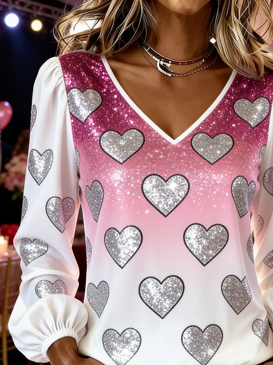 Heart/Cordate V Neck Cotton Elegant T-Shirt