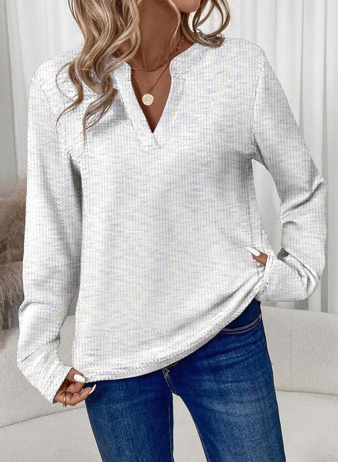 Plaid V Neck Loose Casual T-Shirt