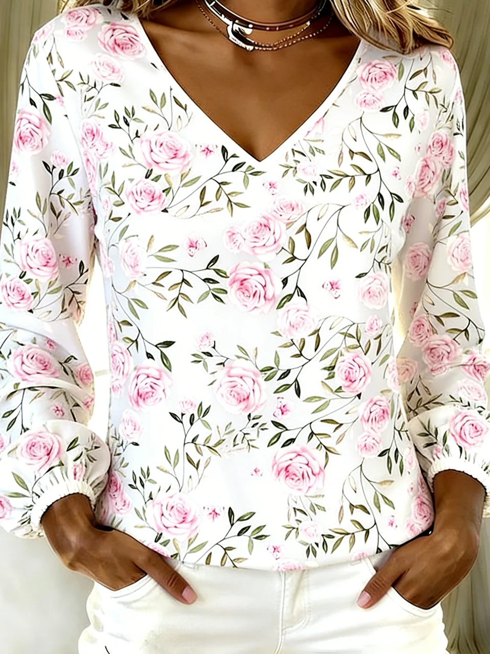 Cotton V Neck Floral Casual T-Shirt