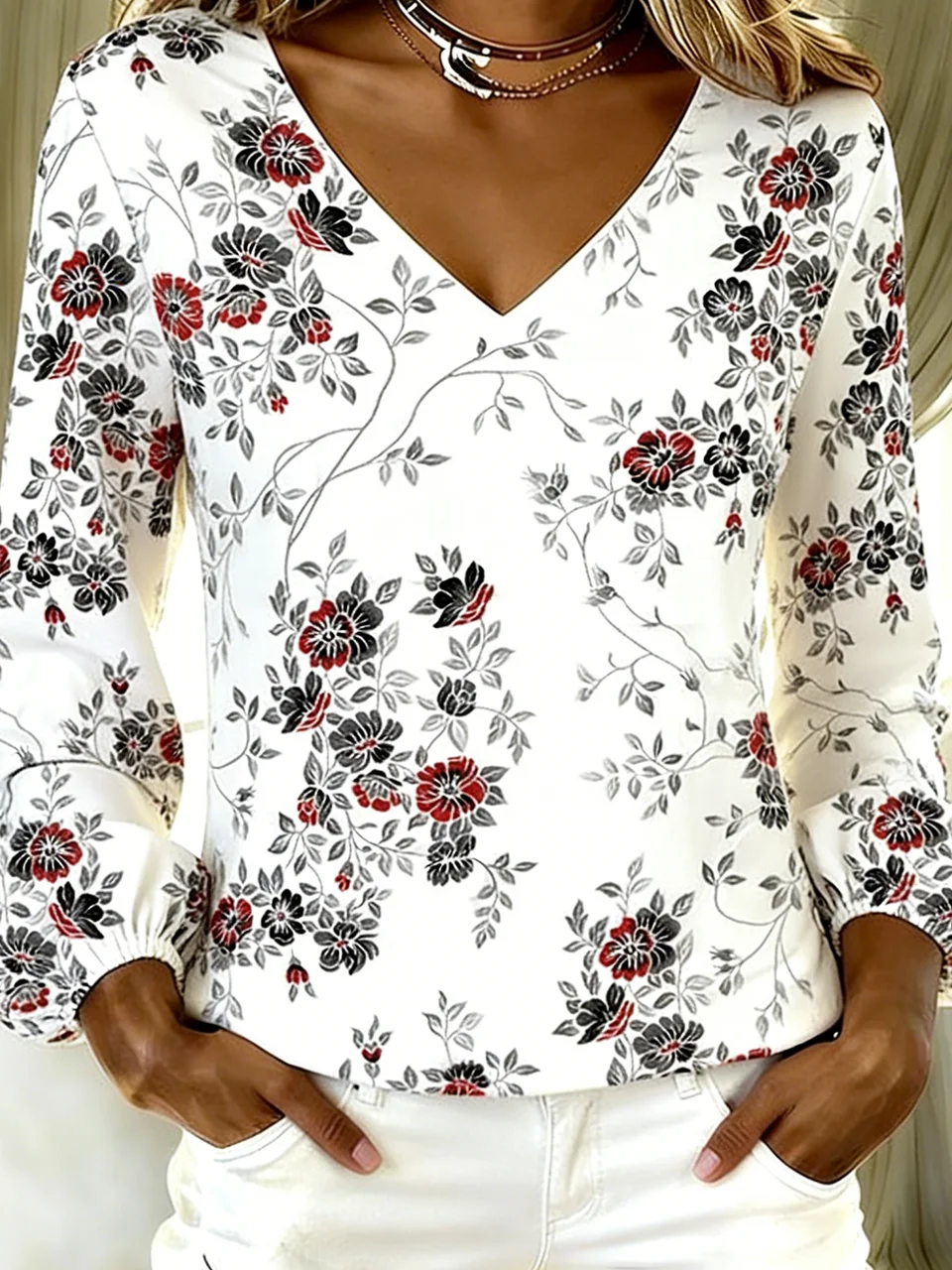 Cotton V Neck Floral Casual T-Shirt