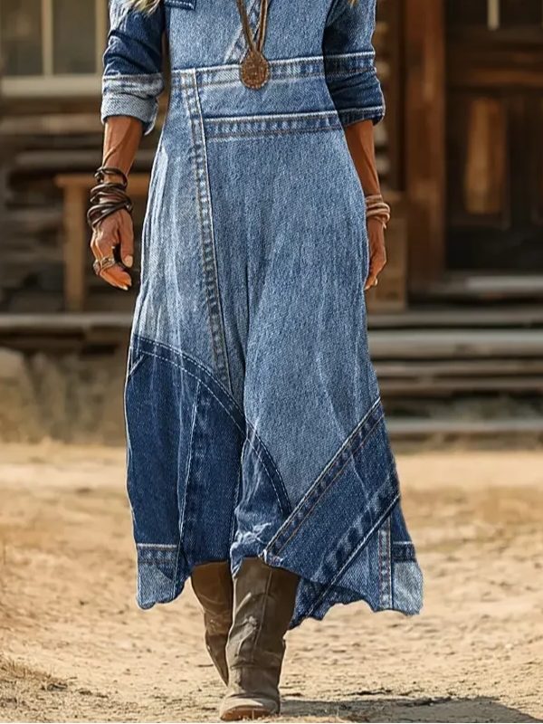 Women's Long Sleeve Spring/Fall Blue Faux Denim Print Graphic Printing V Neck Daily Going Out Vintage Maxi H-Line Dress