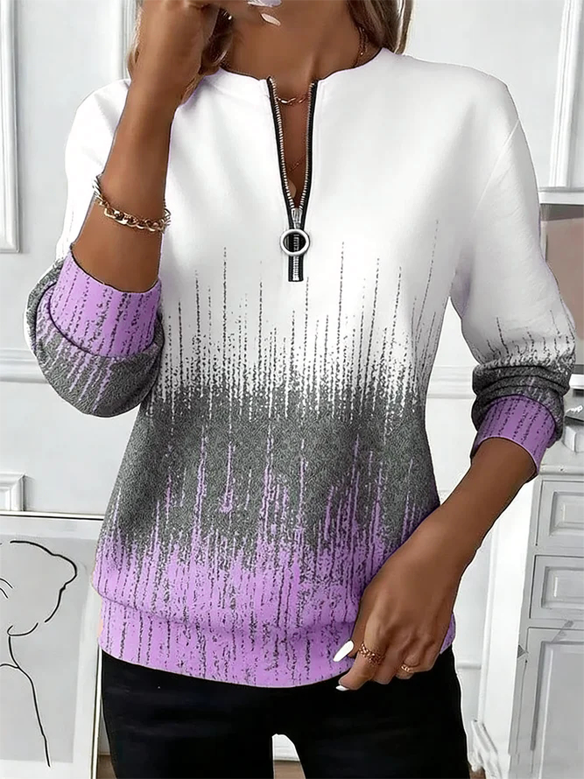 Loose Gradient Pattern Simple Crew Neck Sweatshirt | zolucky
