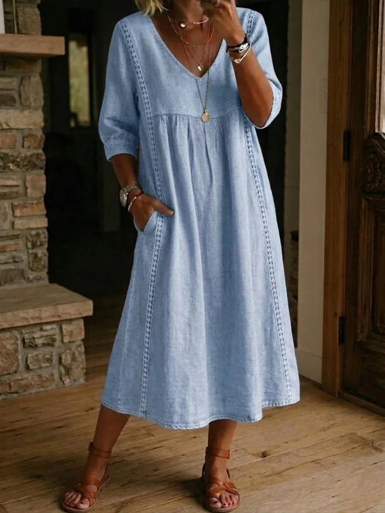 Plain Cotton Linen V Neck Short Sleeve Lace Casual Dress | zolucky