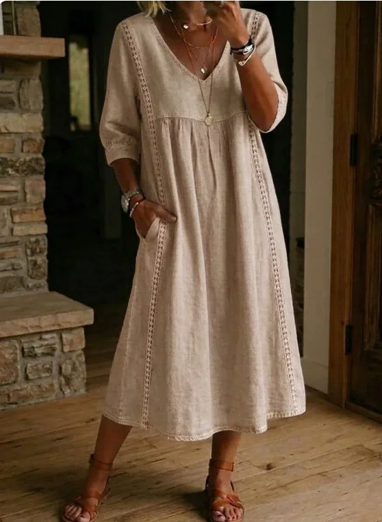 Plain Cotton Linen V Neck Short Sleeve Lace Casual Dress | zolucky