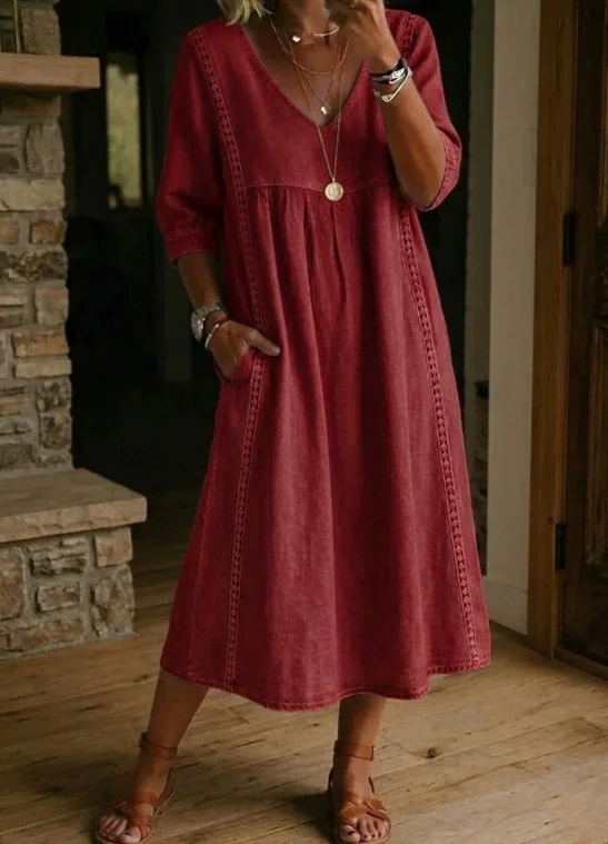 Plain Cotton Linen V Neck Short Sleeve Lace Casual Dress | zolucky
