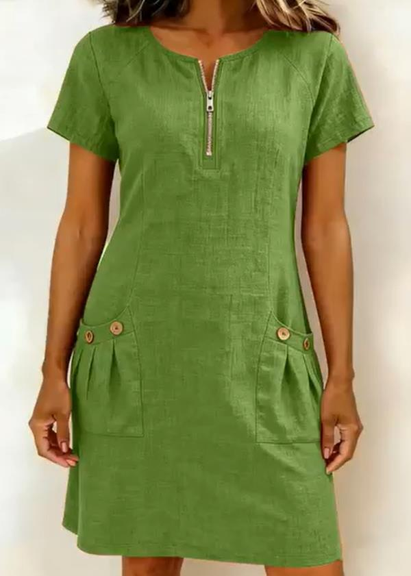 Plain Cotton Linen Short Sleeve Round Neck Zipper Pocket Button Casual ...