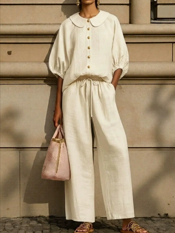 Cotton Linen Shawl Collar Short Sleeve Top With Pants Casual Two-Piece ...
