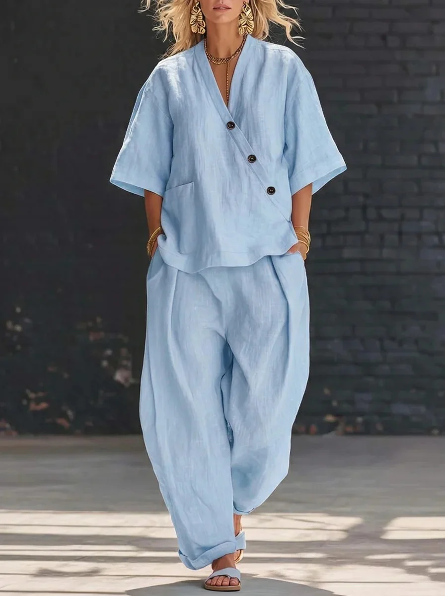 Cotton And Linen V Neck Short Sleeve Button Top With Pants Casual Two ...